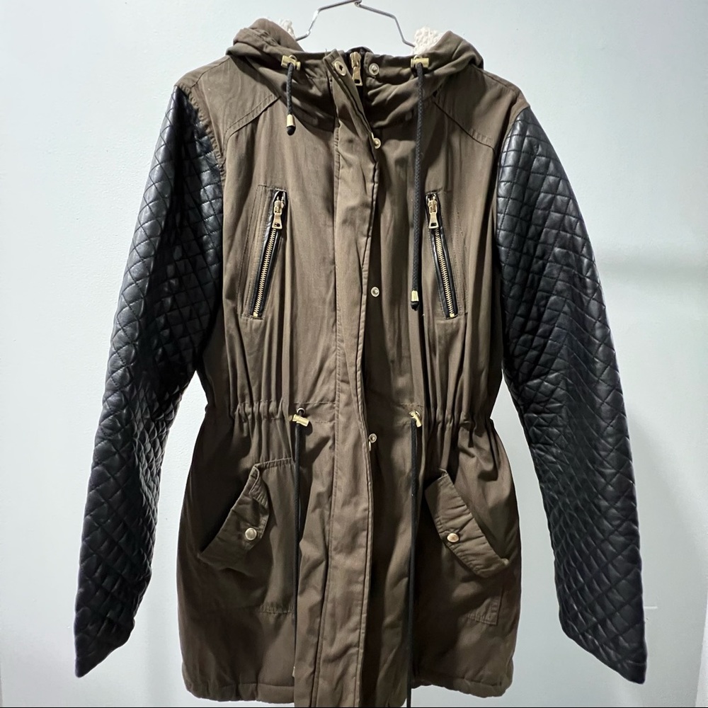 Primark Olive and Black Leather Jacket with Gold Accents and Sherpa Lined Hood